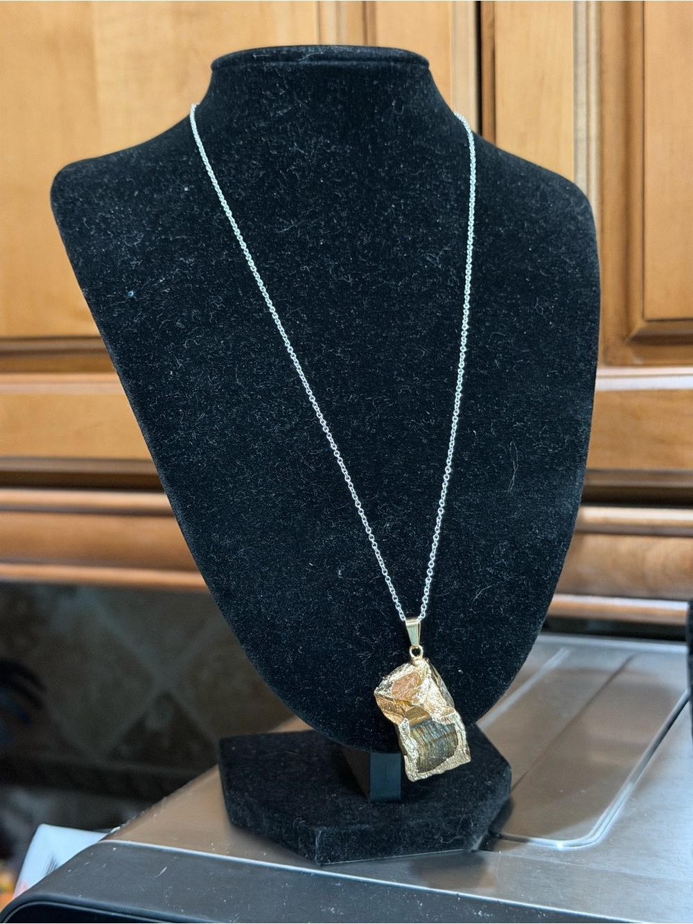 Gold Tone Abstract Genuine Tigers Eye Pendant Necklace - Women Jewelry